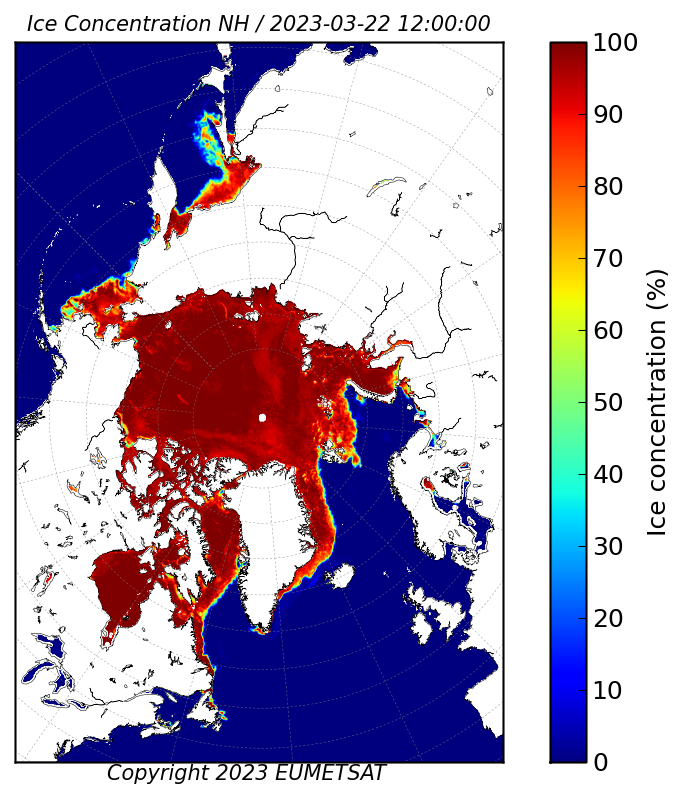 Display OSI SAF AMSR2 Sea Ice Concentration for 20230322 (1200 UTC).