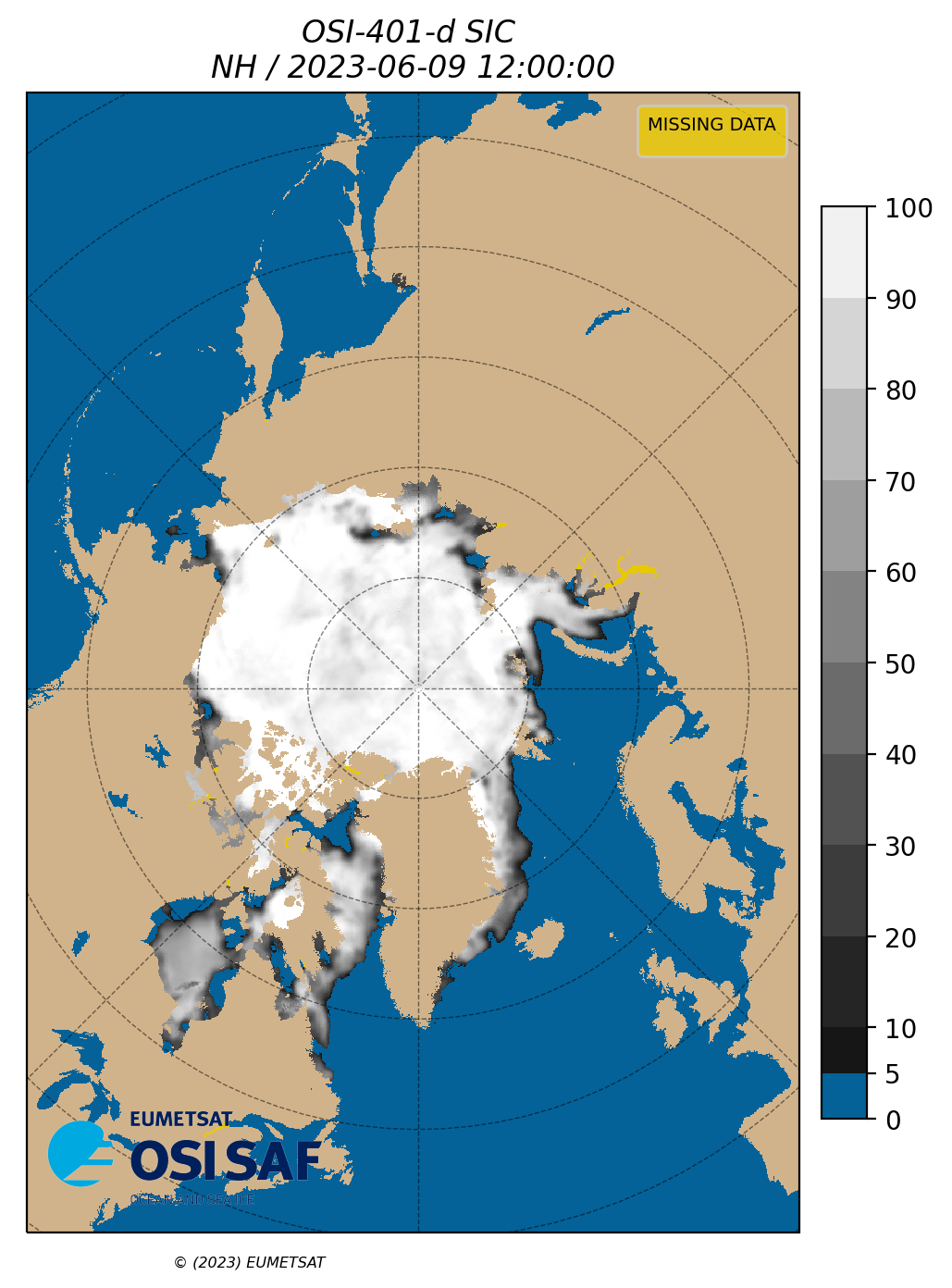 Display OSI SAF Sea Ice Concentration for 20230609 (1200 UTC).