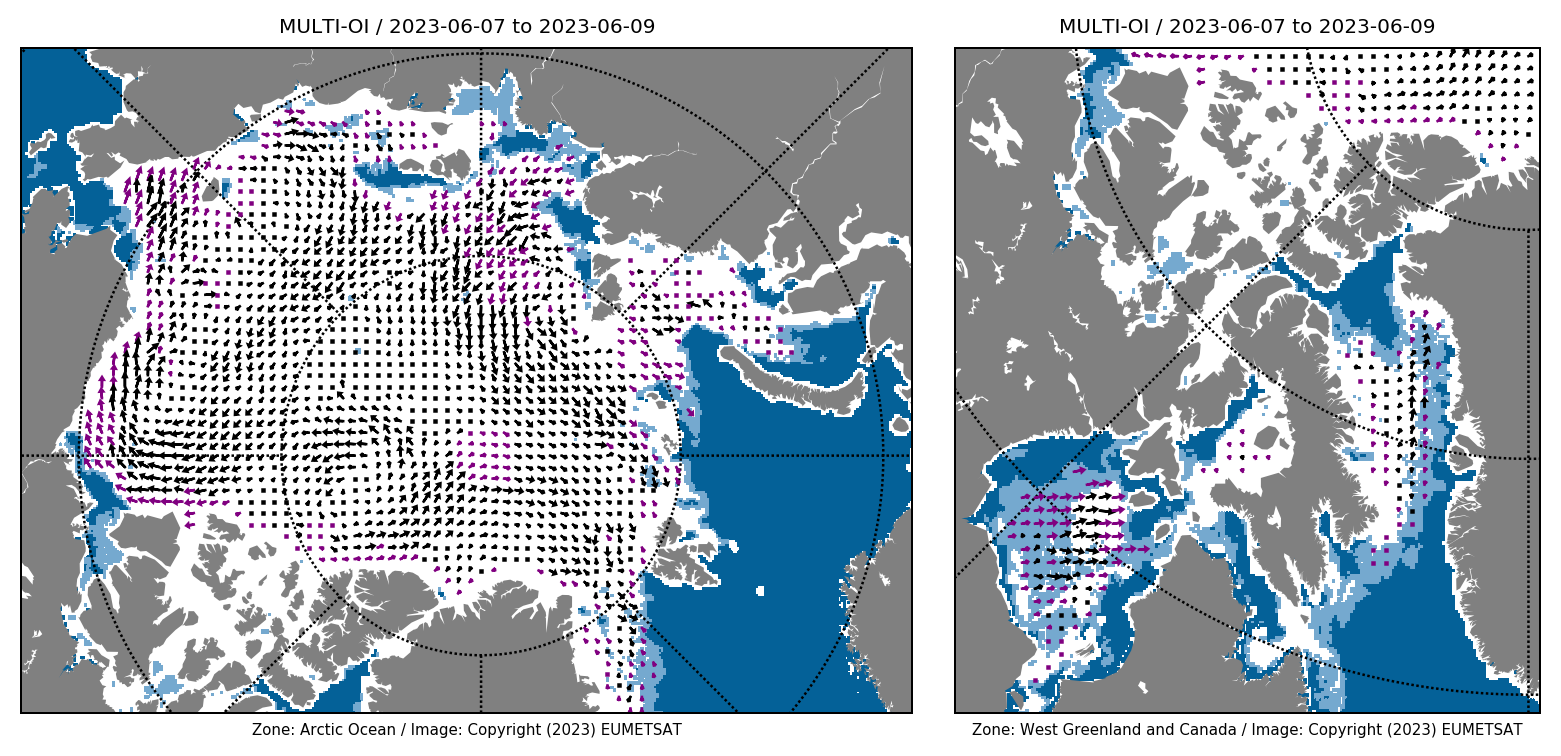 Display OSI SAF Operational LR Sea Ice Drift from 20230607 (12 UTC) to 20230609 (12 UTC).