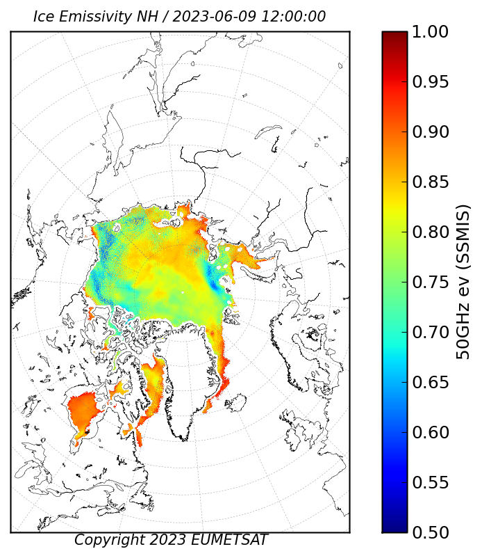 Display OSI SAF Sea Ice Emissivity for 20230609 (1200 UTC).