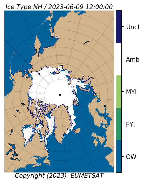 Display OSI SAF Sea Ice Type for 20230609 (1200 UTC).