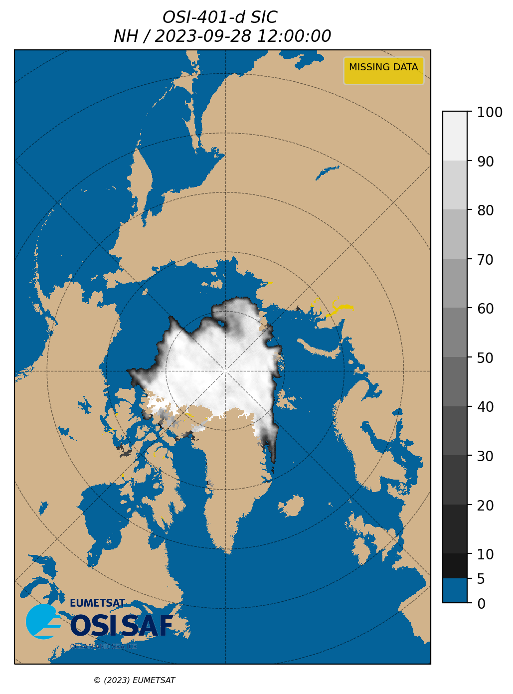 Display OSI SAF Sea Ice Concentration for 20230928 (1200 UTC).