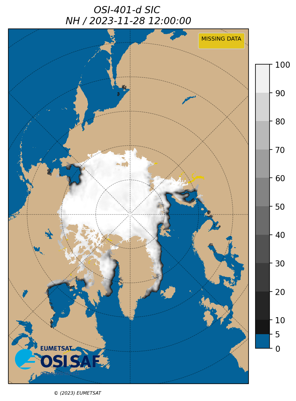 Display OSI SAF Sea Ice Concentration for 20231128 (1200 UTC).