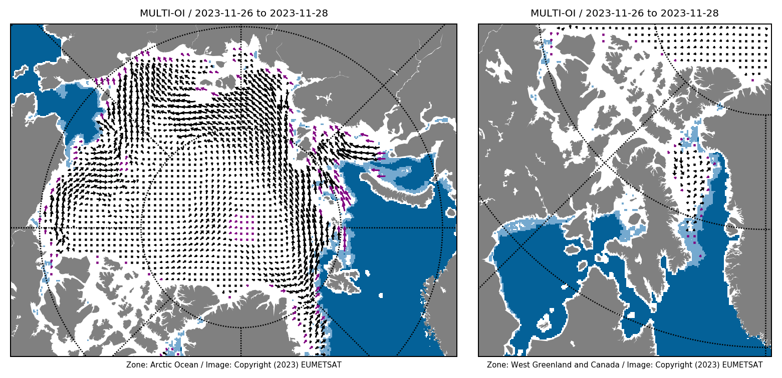 Display OSI SAF Operational LR Sea Ice Drift from 20231126 (12 UTC) to 20231128 (12 UTC).