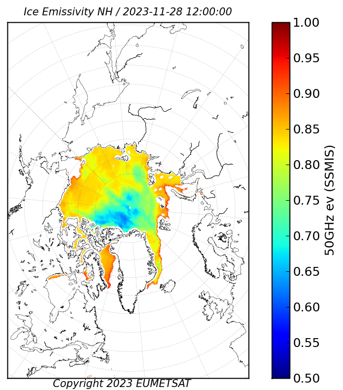 Display OSI SAF Sea Ice Emissivity for 20231128 (1200 UTC).