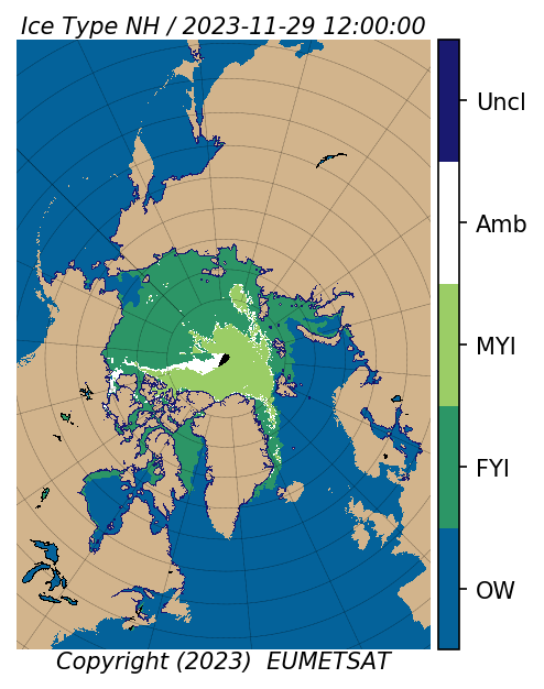Display OSI SAF Sea Ice Type for 20231129 (1200 UTC).