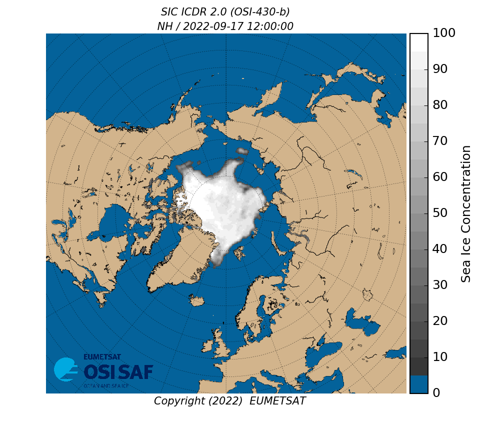 Display OSI SAF Sea Ice Concentration (I)CDR v2.0 for 20220917 (1200 UTC).