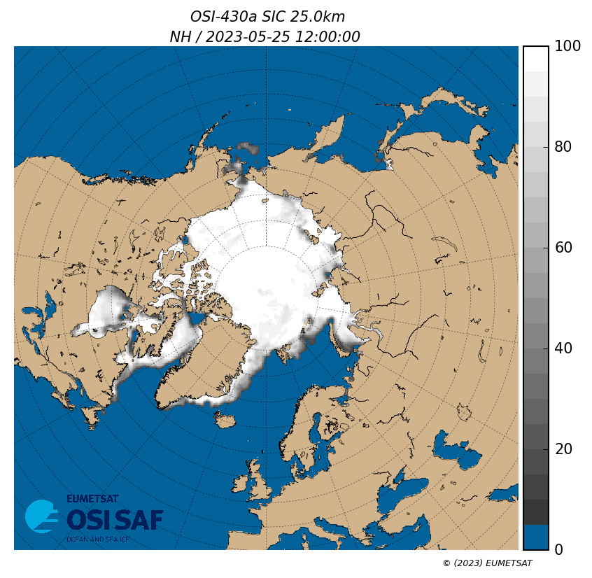 Display OSI SAF Sea Ice Concentration (I)CDR v3.0 for 20230525 (1200 UTC).