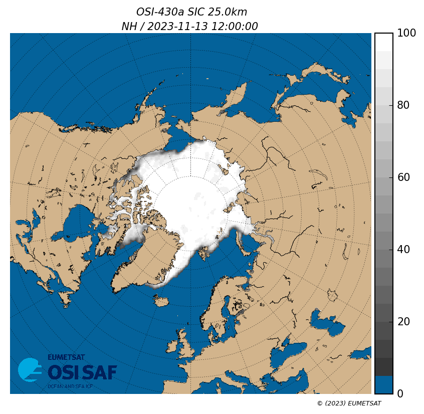 Display OSI SAF Sea Ice Concentration (I)CDR v3.0 for 20231113 (1200 UTC).