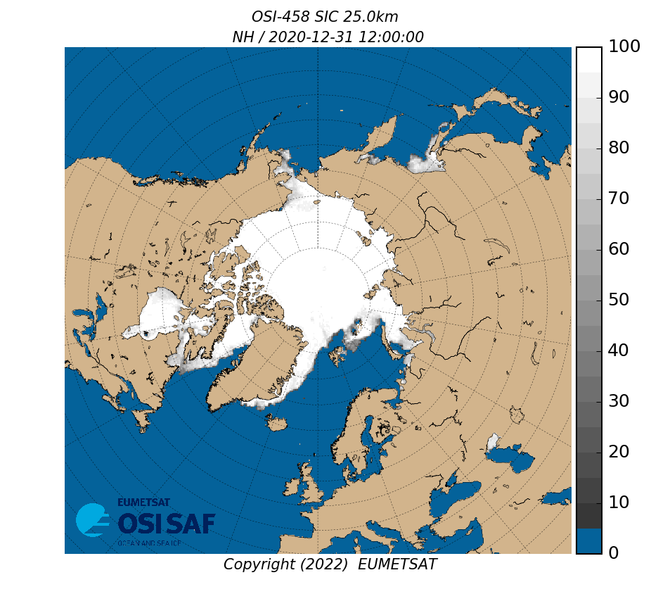 Display OSI SAF AMSR2 Sea Ice Concentration CDR v3.0 for 20201231 (1200 UTC).